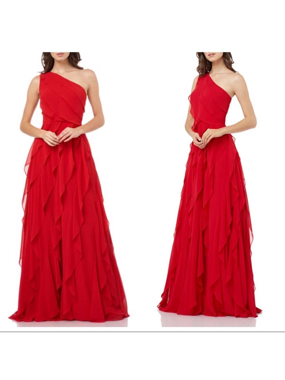 Carmen Marc Valvo infusion Asymmetric One-Shoulder Cascading Chiffon Gown size 8